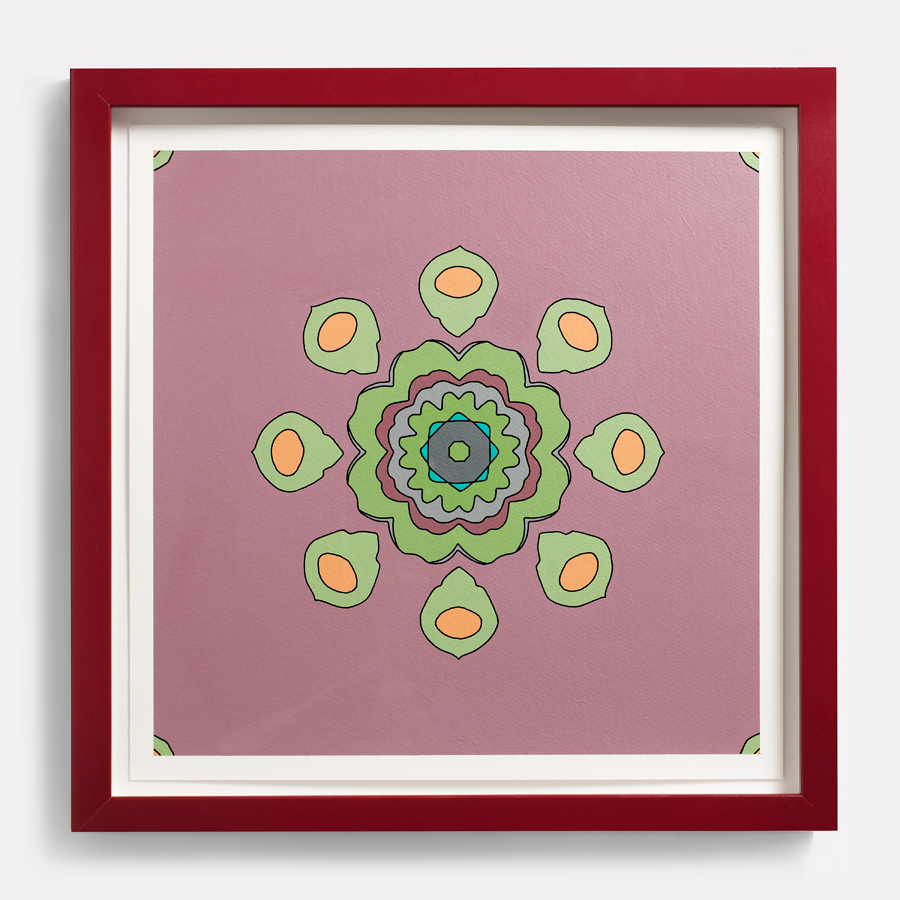 <br/>Arnica Yellow Mandrel, 2012<br/>15" x 15" framed<br/>acrylic and ink on paper with painted frame